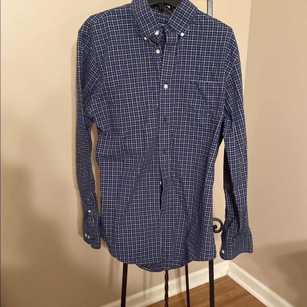Lands' End Navy Checkered Button Down Shirt